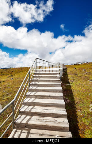 Passerella in legno nella neve Shika Mountain Scenic Area, nella provincia dello Yunnan in Cina. Foto Stock