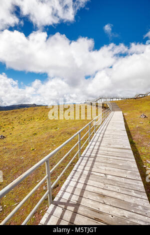 Passerella in legno nella neve Shika Mountain Scenic Area, nella provincia dello Yunnan in Cina. Foto Stock