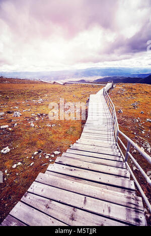 Vintage foto dai toni di una passerella in legno nella neve Shika Mountain Scenic Area, Cina. Foto Stock