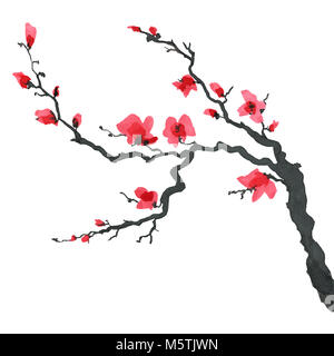 Sakura albero in stile Giapponese. Acquarello dipinto a mano illustrazione Foto Stock