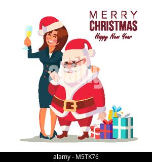 Bevuto donna e divertente di Babbo Natale di vettore. Corporate festa di Natale presso il ristorante o in ufficio. Incontrare il partito di business. Celebrando concetto. Piatto isolato personaggio dei fumetti illustrazione Illustrazione Vettoriale