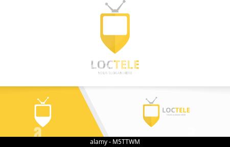 Tv del vettore e il puntatore mappa combinazione di logo. Televisione e localizzatore GPS di simbolo o icona. Supporti unici pin e logotipo di modello di progettazione. Illustrazione Vettoriale