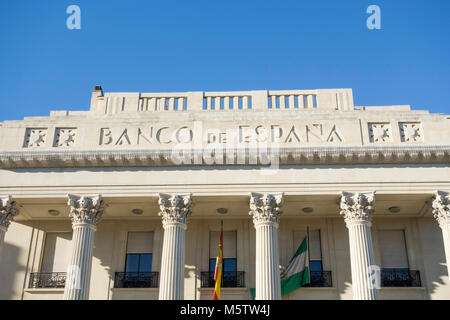 Dettaglio edificio con facciata stile neo classico Banco de España,centro storico di Malaga, Spagna. Foto Stock