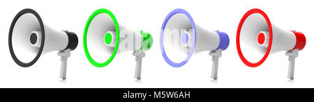 Bullhorns, megafoni collage su sfondo bianco per annuncio pubblico. 3d illustrazione Foto Stock