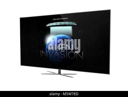 Eseguire il rendering di una moderna TV con film di fantascienza. Il rendering 3d. Foto Stock