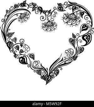 Cuore floreale. Bouquet composizione con disegnati a mano di fiori e piante. Vettore monocromatico amore romantico illustrazione schizzo in stile. Il giorno di San Valentino card Illustrazione Vettoriale