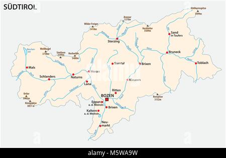 Mappa semplice della Provincia Italiana del Sud Tirolo in lingua tedesca Illustrazione Vettoriale