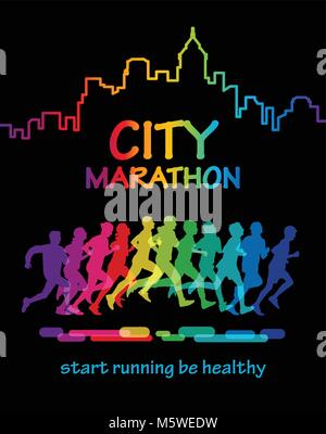 Andiamo a correre per la salute. Esecuzione di concorrenza. La folla di persone è in esecuzione nella città di maratona. Illustrazione Vettoriale