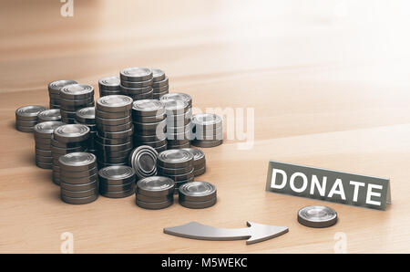 Pile di monete di simboli su un tavolo in legno e una freccia che punta a una singola moneta con la parola donare. Concetto di donazione. 3d'illustrazione. Foto Stock