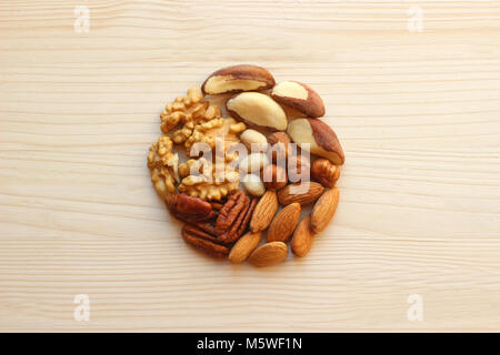 Varietà di dadi formando un cerchio sul legno luminoso Foto Stock