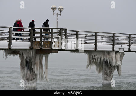 Graal-Müritz an der deutschen Ostseeküste bei starkem Frost mit Vereisungen an der Seebrücke und auf dem Meer Foto Stock