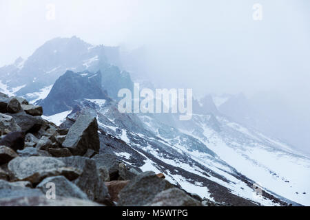 Neve e nebbia copriva Cordillera Paine; appena a sud di Torres del Paine guglie; Parco Nazionale Torres del Paine; Cile Foto Stock
