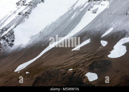 Neve e nebbia copriva Cordillera Paine; a est di Torres del Paine guglie; Parco Nazionale Torres del Paine; Cile Foto Stock