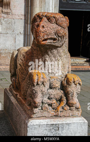 Close-up di granito scultura griffin nella parte anteriore del Duomo di Ferrara. Nel centro della città di Ferrara, un grazioso e importante città medievale. Foto Stock