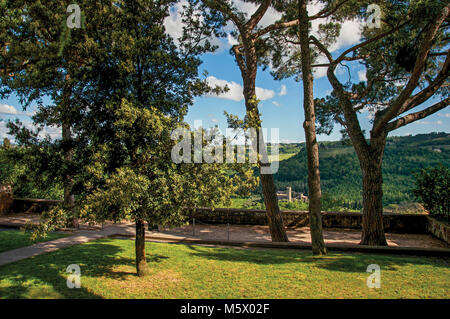 Vista di un giardino con una roccaforte di colline di legno in primo piano a la città di Orvieto, un piacevole e ben conservato borgo medievale. Foto Stock