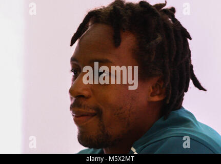 Sao Paulo, Brasile. 26 Febbraio, 2018. - Gael Monfils (FRA), durante un collettivo, al XVIII edizione del Brasile aperto in São Paulo svoltasi presso la palestra di Ibirapuera, al sud della città di São Paulo. (Foto: Eliane Neves/Fotoarena) Credito: Foto Arena LTDA/Alamy Live News Foto Stock