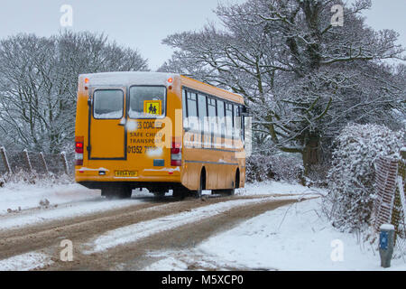 Flintshire, Wales, Regno Unito meteo: La bestia da est arriva con una vendetta con temperature al di sotto di -3C e neve pesante caduta di Flintshire. Un giallo scuola bus entrando in una coperta di neve road nel villaggio di Lixwm come la tempesta di neve Bestia da est prende possesso di Flintshire, Galles Foto Stock