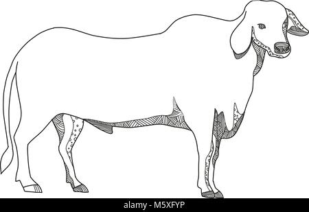 Doodle arte illustrazione di un Brahman o Brahma bull, una razza di bovini zebù visto dal lato in bianco e nero eseguita in stile mandala. Illustrazione Vettoriale