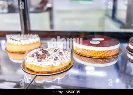 Molti dolci sul display in un panificio negozio con il Tiramisù, crema meringa, mirtillo decorazioni di zucca holiday caduta stagione autunnale, panna montata Foto Stock