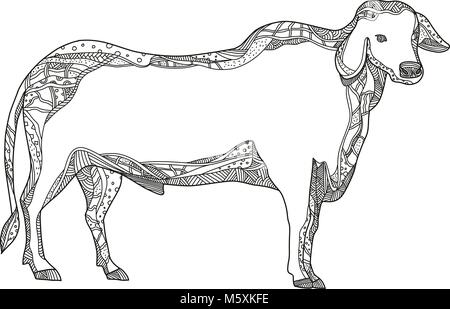 Doodle arte illustrazione di un Brahman o Brahma bull, una razza di bovini zebù visto dal lato in bianco e nero eseguita in stile mandala. Illustrazione Vettoriale