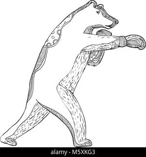 Doodle arte illustrazione di un orso grizzly o orso bruno boxer boxing visto dal lato in bianco e nero eseguita in stile mandala. Illustrazione Vettoriale
