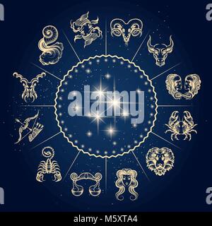 I simboli dello zodiaco e oroscopo circle, astrologia e mistico di segni. Illustrazione Vettoriale. Illustrazione Vettoriale
