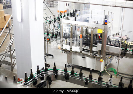 La produzione industriale shot con bottiglie di champagne sul nastro trasportatore in una fabbrica Foto Stock