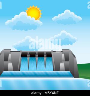 Centrale idroelettrica di acqua della diga di potenza la generazione di elettricità da fonti rinnovabili Illustrazione Vettoriale