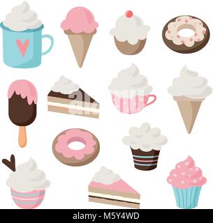 Insieme di diversi alimenti e bevande icone. Isolate le illustrazioni retrò di torte, ciambelle, gelato, gelato, caffè, tortine e muffin. Illustrazione Vettoriale