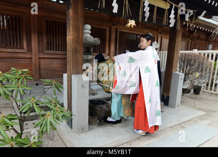 Un lo Shintoismo Priesters aiutare il sacerdote capo mentre egli sta lavando le mani al Kushida colorato santuario di Hakata, Fukuoka, Giappone. Foto Stock