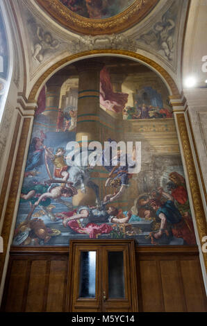 Eguene Delacroix il murale di Eliodoro pilotato dal tempio nella Cappella dei Santi Angeli Custodi nella chiesa di Saint Sulpice a Parigi, Francia Foto Stock