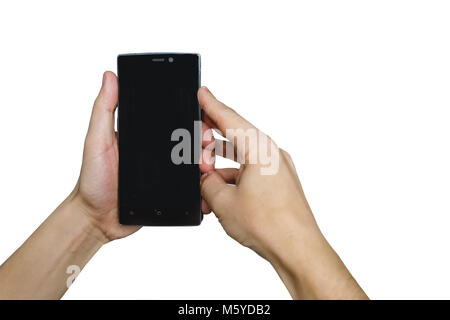 Stretta di mano di uomo con smartphone isolati su sfondo bianco, incluso il percorso di clipping. Il ragazzo tiene il telefono con due mani. Utilizzo del telefono Foto Stock