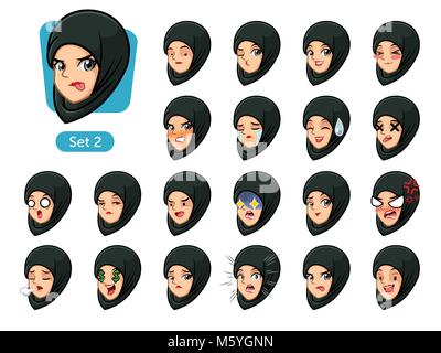 La seconda serie di donna musulmana che indossa un nero hijab personaggio dei fumetti di avatar con diverse emozioni per il viso e le espressioni, illustrazione vettoriale. Illustrazione Vettoriale