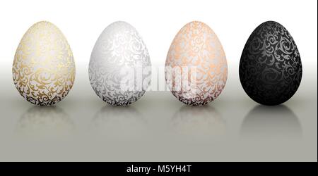 Bianco colore naturale realistica uovo di pasqua set metallico con motivo floreale. Isolato su sfondo bianco con la riflessione. Golden, bronzo, argento Illustrazione Vettoriale