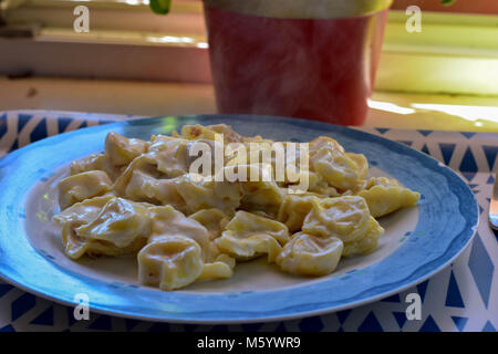 Cremosa deliziosi piatti di pasta italiana con funghi porcini, Parmigiano, basilico e salsa cremosa con pepe condimento in piastra bianca, close up Foto Stock