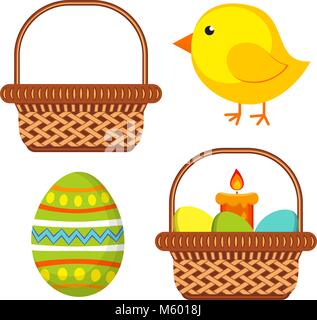 Cartoon easter icona impostare pulcino uovo candela icona del carrello set. Illustrazione Vettoriale