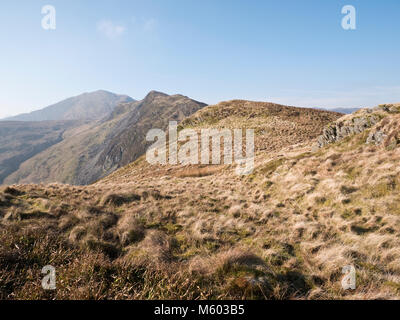 Dorsale erbosa in esecuzione dalla Crimea Pass (y Bwlch Gorddinon) fino al picco di Allt-fawr in Snowdonia's Moelwyn montagne, vicino a Blaenau Ffestiniog Foto Stock