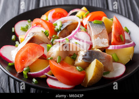 Deliziosa insalata di sgombro affumicato con patate, ravanelli e pomodori close-up su una piastra orizzontale. Foto Stock