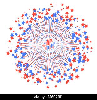 Fuochi d'artificio con stelle nei colori rosso e blu. Illustrazione Vettoriale. Illustrazione Vettoriale