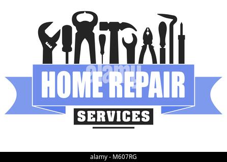 Home Servizi riparazione design vettoriali per il vostro logo o emblema con banner blu e una serie di strumenti per i lavoratori. Ci sono una chiave, un cacciavite e un martello, pinze, s Illustrazione Vettoriale