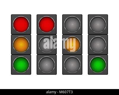 Set di 4 led moderni semaforo con diverse sequenze di accensione rosso, giallo e verde. Illustrazione Vettoriale