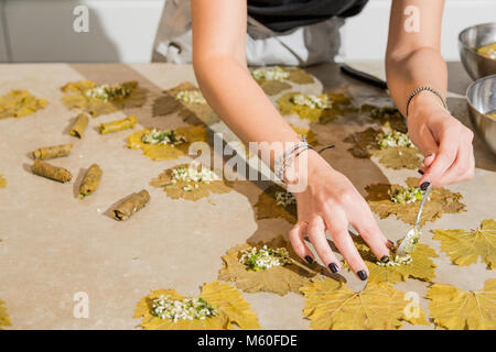 Greco uva ripiene foglie con riso ed erbe (Dolmadakia) Foto Stock