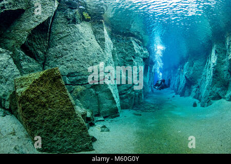 Scuba diving in vulcanica Nesgja Crack, Asbyrgi National Park, Islanda Foto Stock