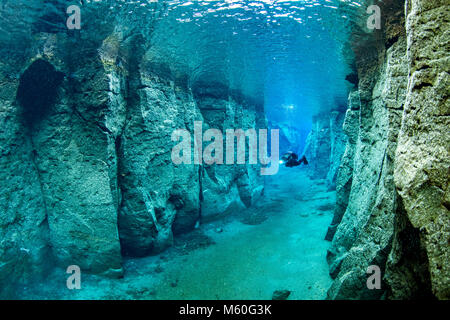 Scuba diving in vulcanica Nesgja Crack, Asbyrgi National Park, Islanda Foto Stock