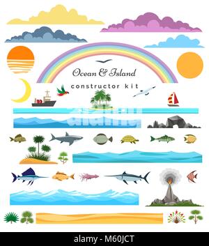 Sea Island costruttore. Oceano e isole, spiagge da surf e seascape creatore imposta illustrazione vettoriale Illustrazione Vettoriale