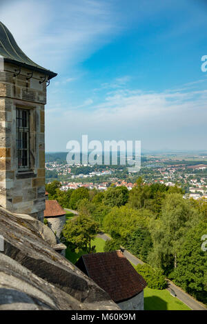 Vista dalla Veste Coburg, o fortezza di Coburg, Alta Franconia, Baviera, Germania, sulla campagna circostante Foto Stock