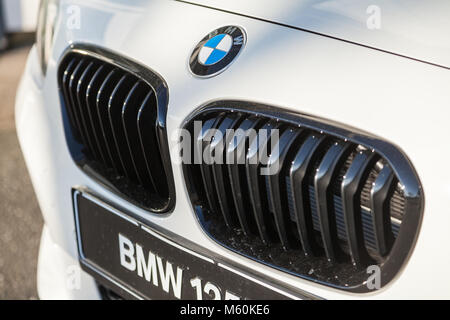 FUERTH / GERMANIA - Febbraio 25, 2018: BMW emblema su una BMW auto. La BMW è una multinazionale tedesca che attualmente produce automobili e motorcyc Foto Stock