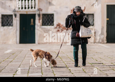 Venezia, Italia. Il 27 febbraio, 2018. Una donna cammina con il suo cane durante i giorni più freddi dell'inverno a causa dell'arrivo del Burian a Venezia, Italia. © Simone Padovani / risveglio / Alamy Live News Foto Stock