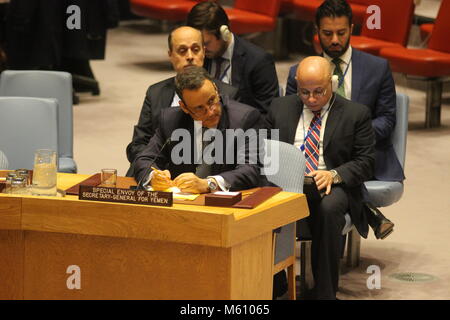 Onu, New York, Stati Uniti d'America. Il 27 febbraio, 2018. Dell ONU inviato in uscita sullo Yemen Ismail Ould Cheikh Ahmed al suo ultimo del Consiglio di Sicurezza delle Nazioni Unite di briefing. Foto: Matthew Russell Lee / città interna premere Credito: Matthew Russell Lee/Alamy Live News Foto Stock