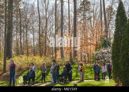 Charlotte, NC, Stati Uniti d'America. 27 feb 2018. Linea di visitatori intorno alla bellissima Billy Graham campus della libreria per pagare i loro aspetti al Reverendo che morì il 21 Feb 2018. Il rev. Graham i funerali si verificherà il venerdì seguita da un recinto di servizio. Sarà sepolto accanto alla sua moglie Ruth nel giardino di preghiera a Billy Graham biblioteca di Charlotte. Credito: Castello immagini di luce / Alamy Live News. Foto Stock